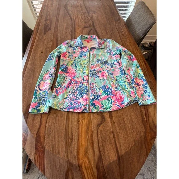 Lilly Pulitzer XS Blue Coral Print Full Zip Jacket Athleisure UPF 50 - Picture 9 of 11